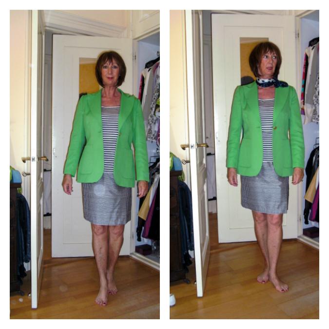 striped shirt with Kermit green jacket