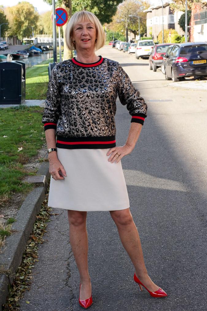 Sequined top with cream A-line skirt