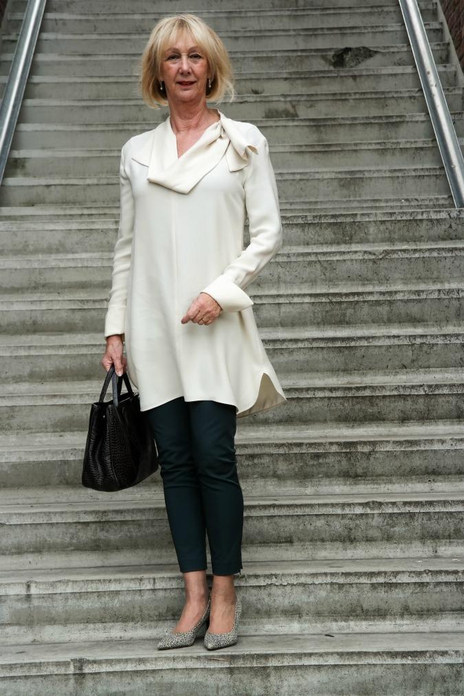 Cream dress by Sportmax with green trousers