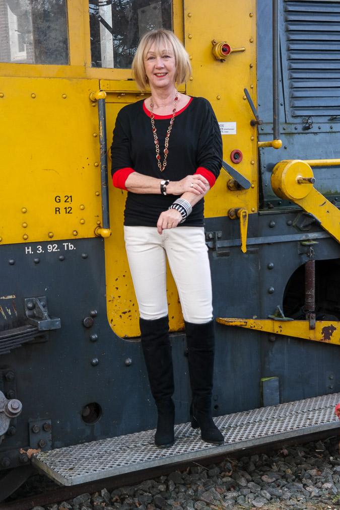 Black, cream and red outfit with OTK boots