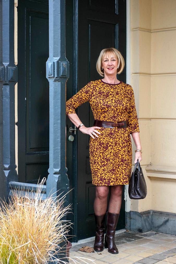 Ochre dress with burgundy