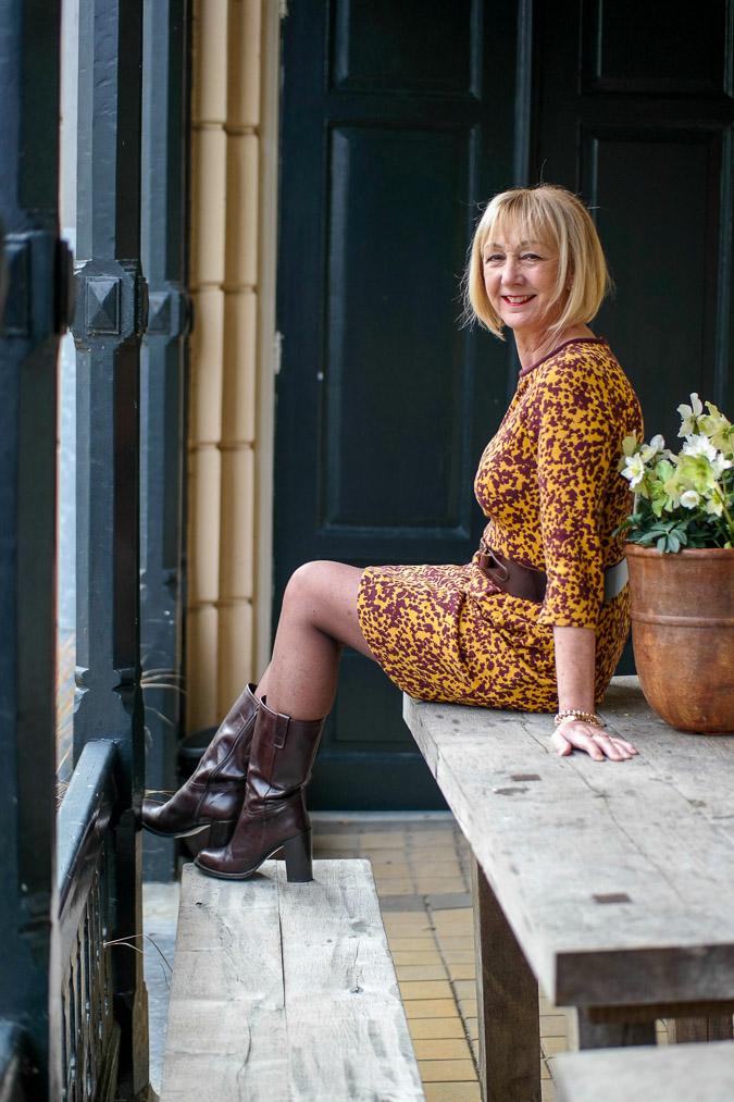 Ochre dress with burgundy