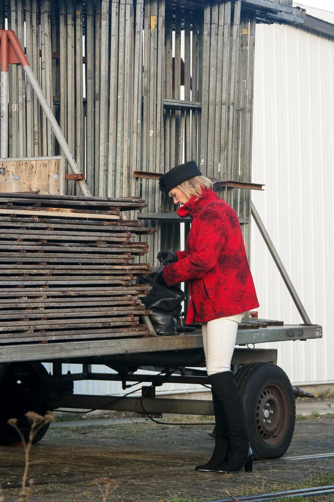 Red Kenzo coat with black OTK boots
