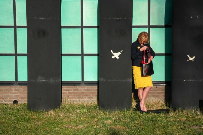 Yellow skirt with blue jacket