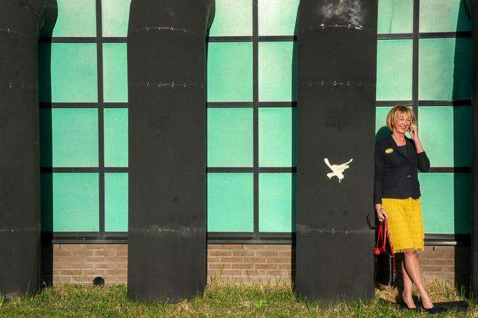 Yellow skirt with blue jacket