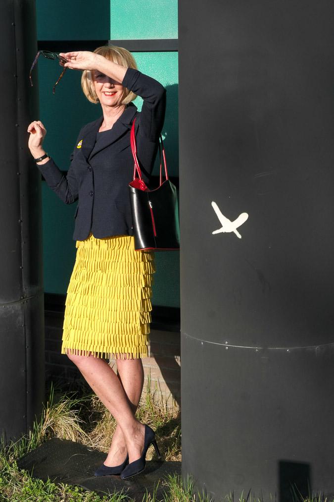 Yellow skirt with blue jacket