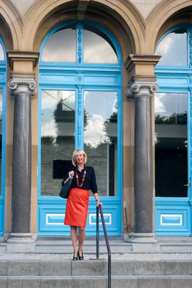 orange leather pencil skirt