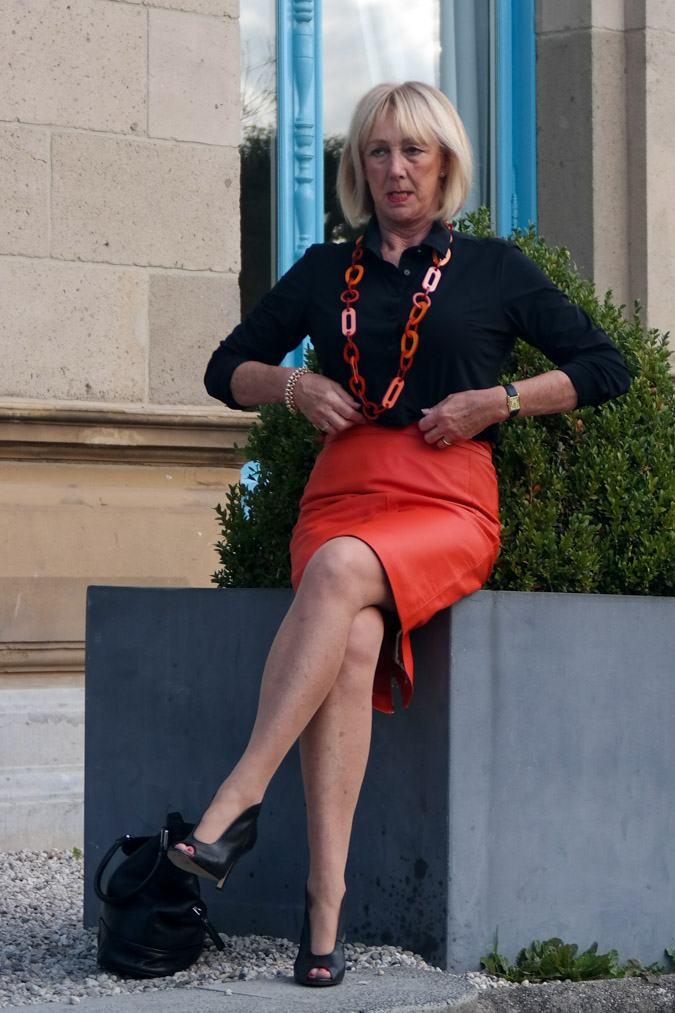 orange leather pencil skirt