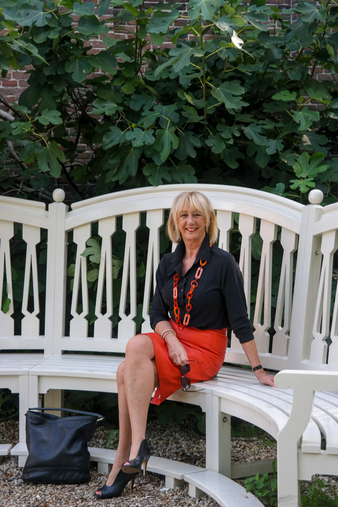 orange leather pencil skirt