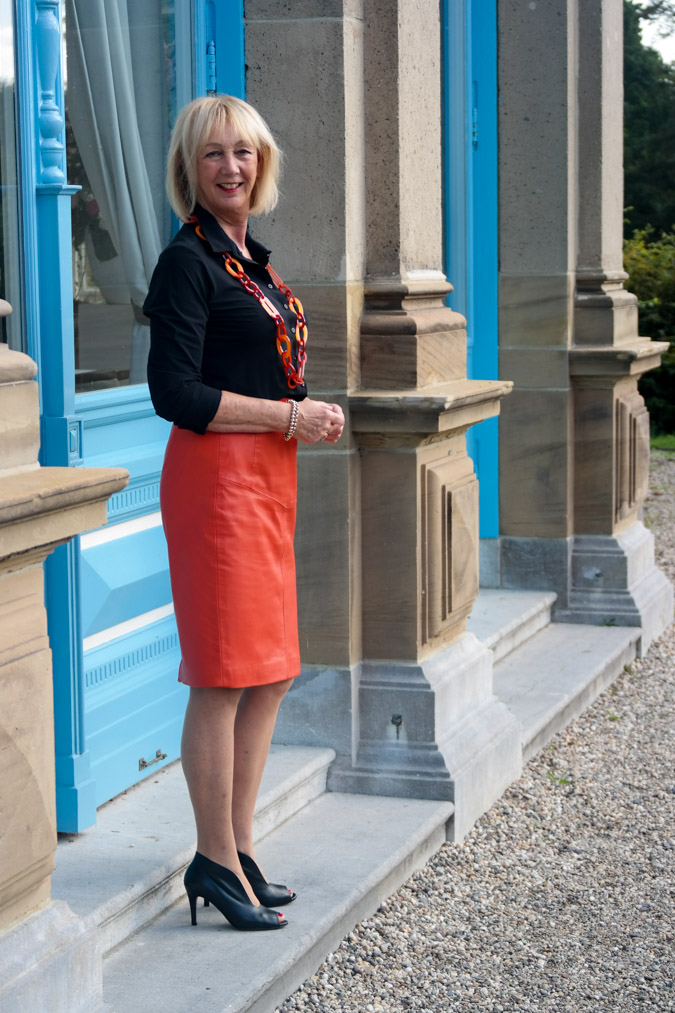 orange leather pencil skirt