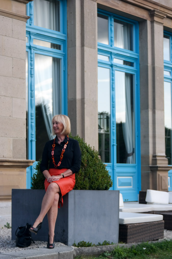 orange leather pencil skirt