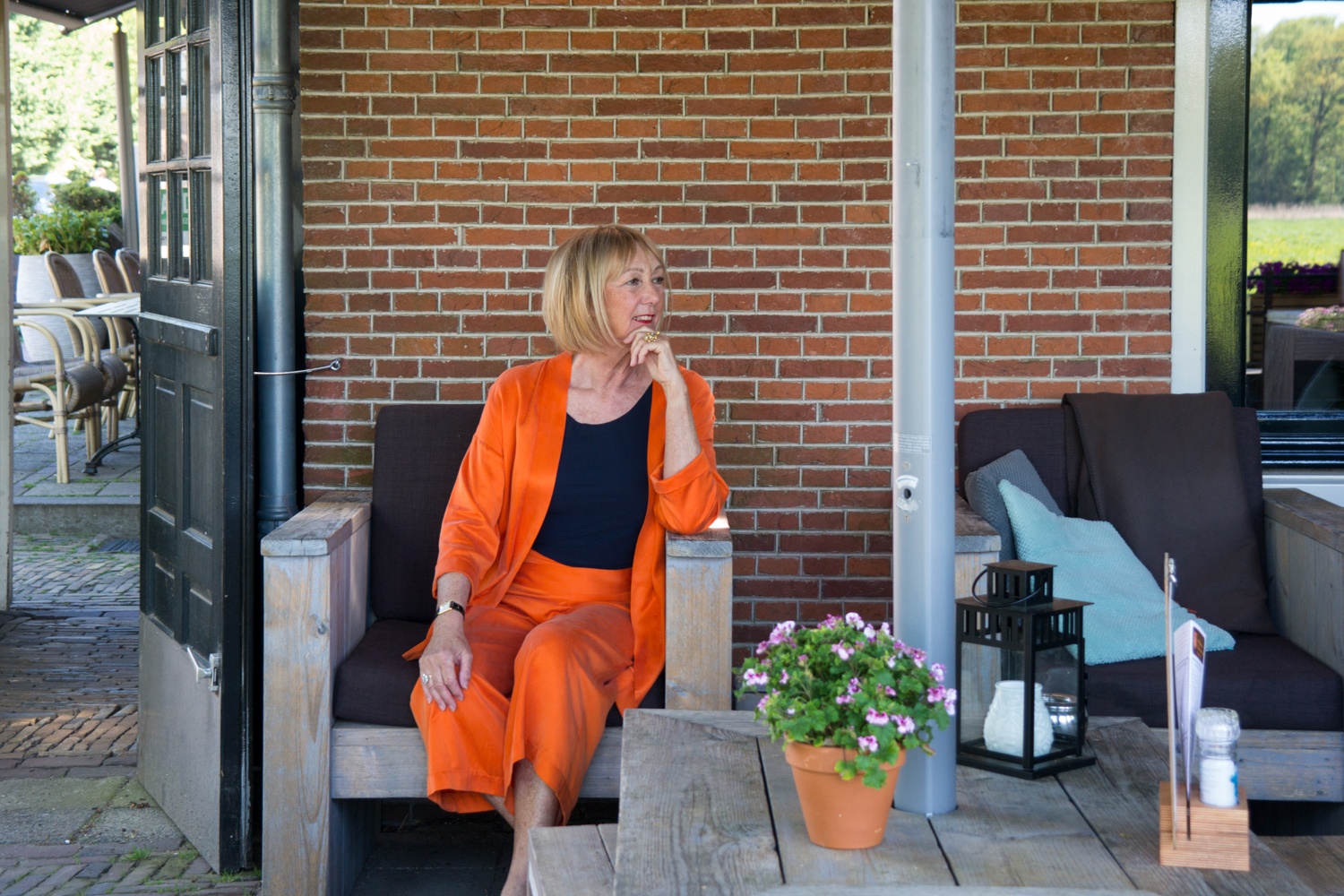 Orange trouser suit