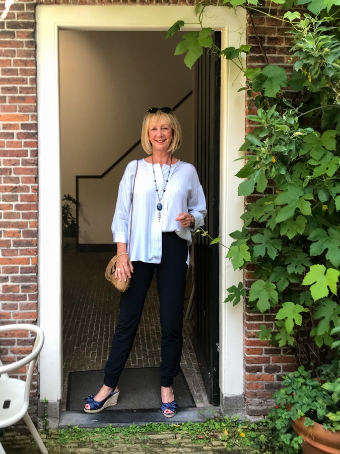 Marlene Birger shirt with blue jogging trousers