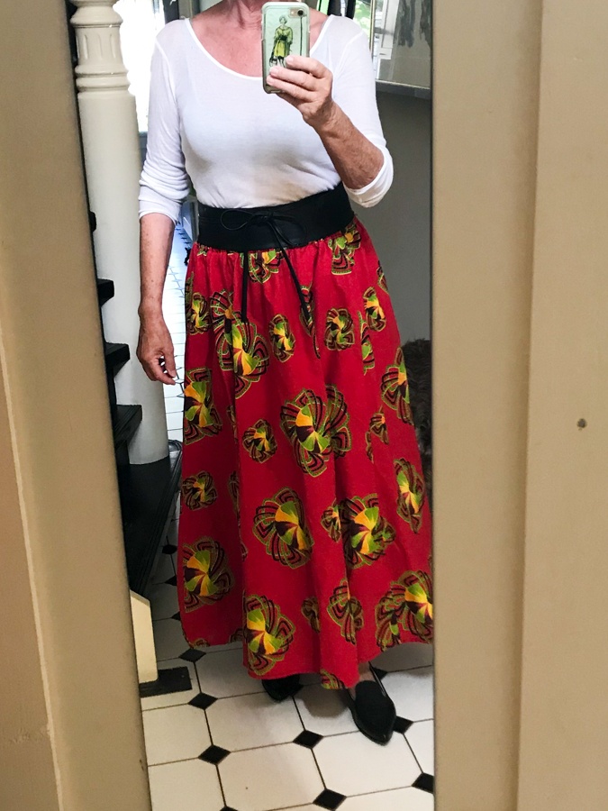 Fun outfits: wide red skirt with white top