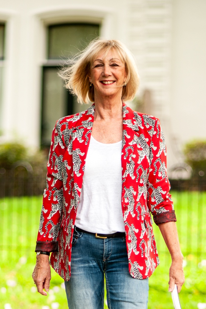 red trouser suit