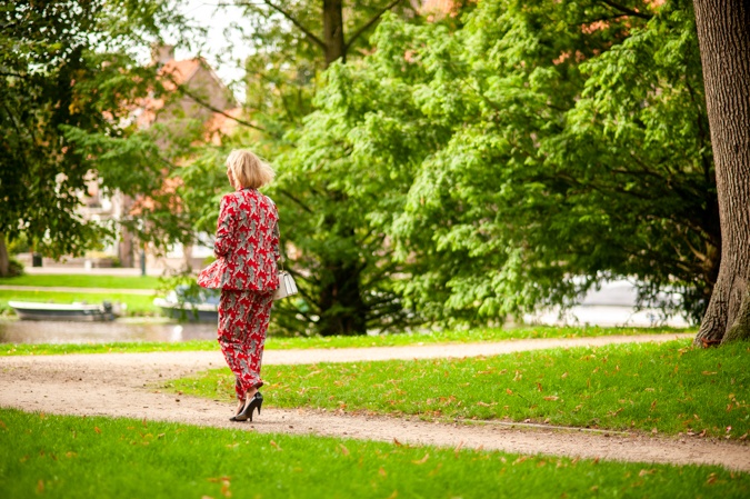 Red trouser suit