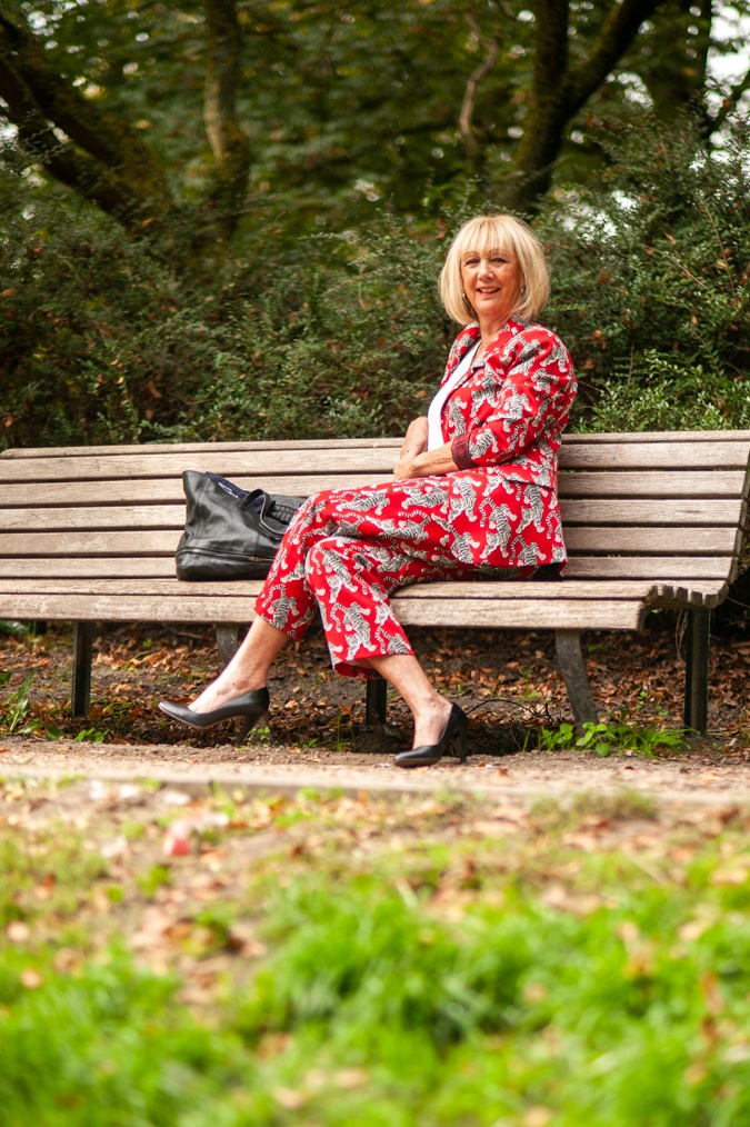Red trouser suit