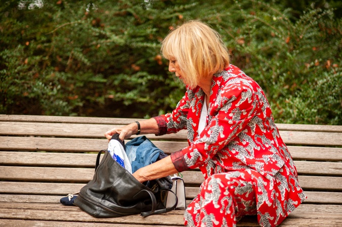 Red trouser suit