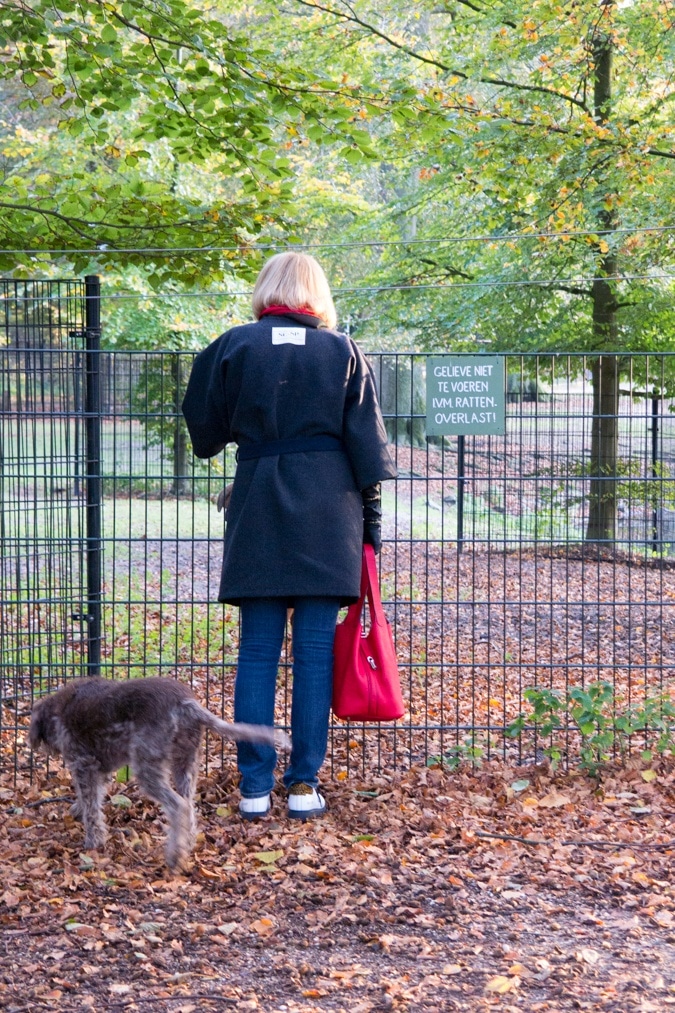 Red tote bag and grey kimono coat