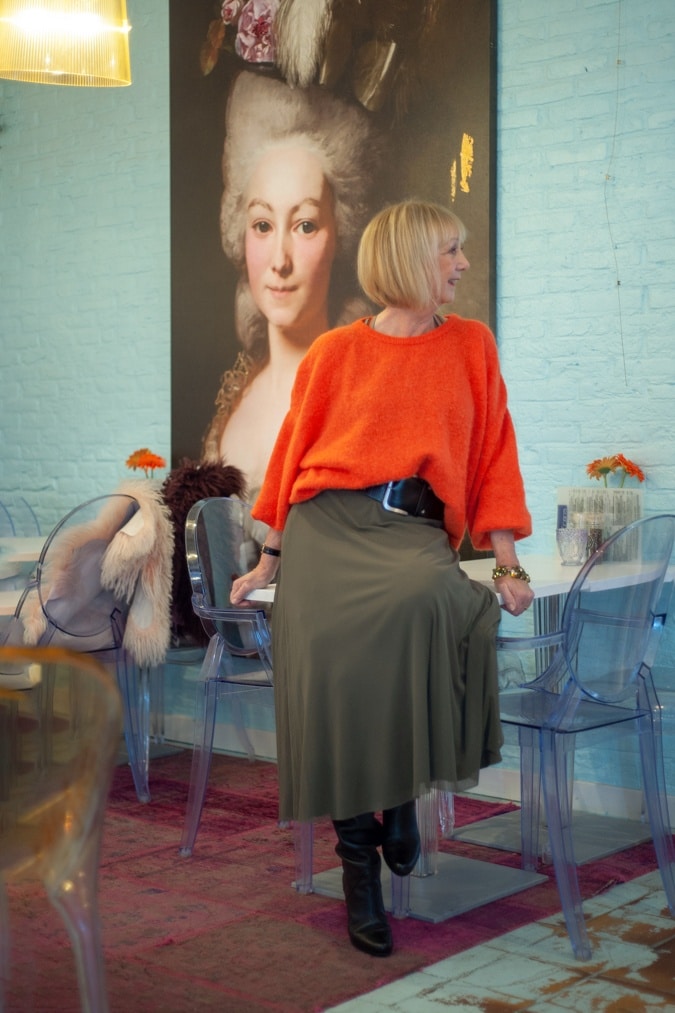 Long green skirt with orange jumper