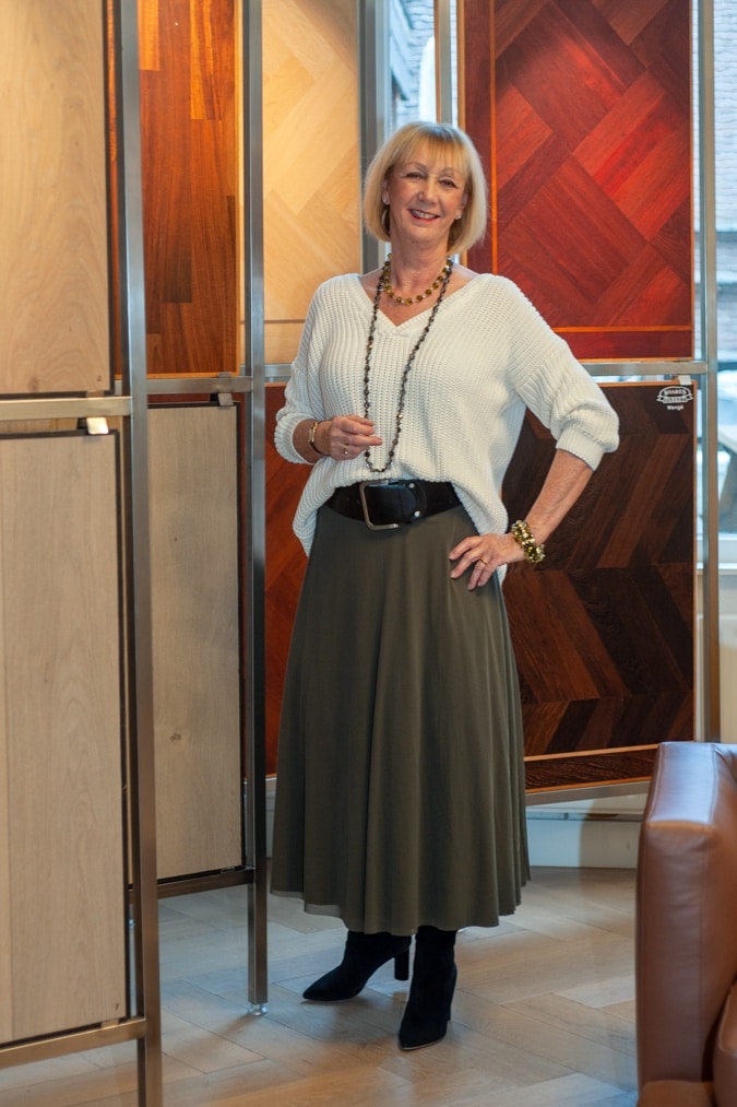Long green skirt with white jumper