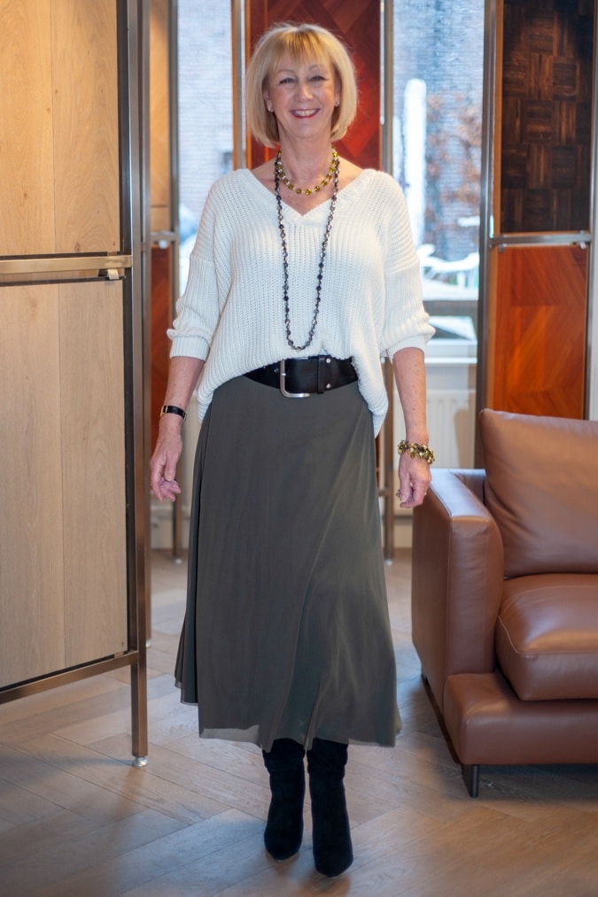 Long green skirt with white jumper