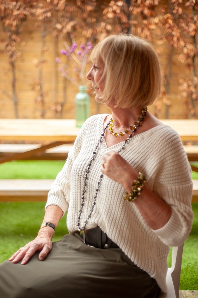 Long green skirt with white jumper
