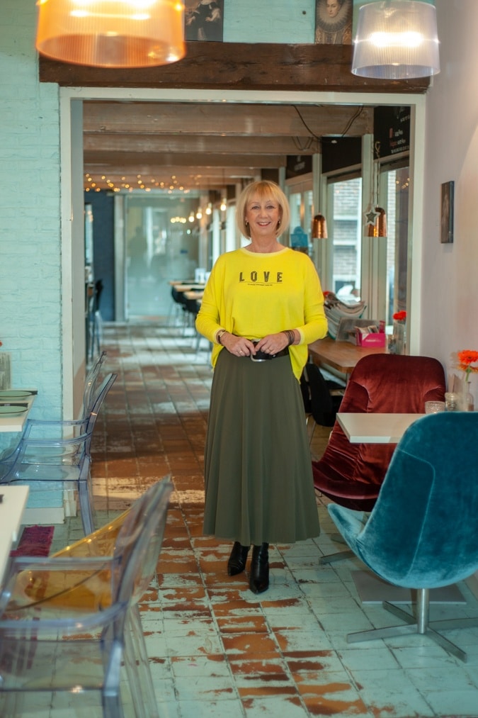 Long green skirt with yellow sweater