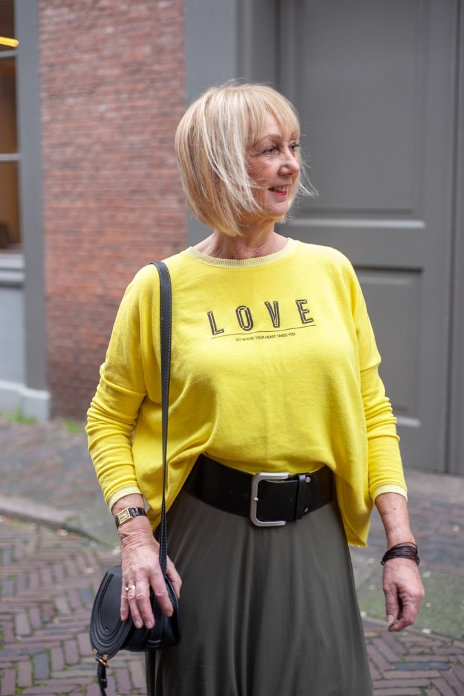 Long green skirt with yellow sweater