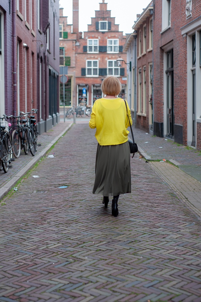 Long green skirt with yellow sweater