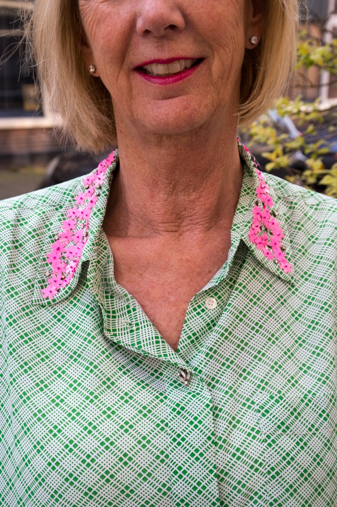 Green shirt with pink sequins