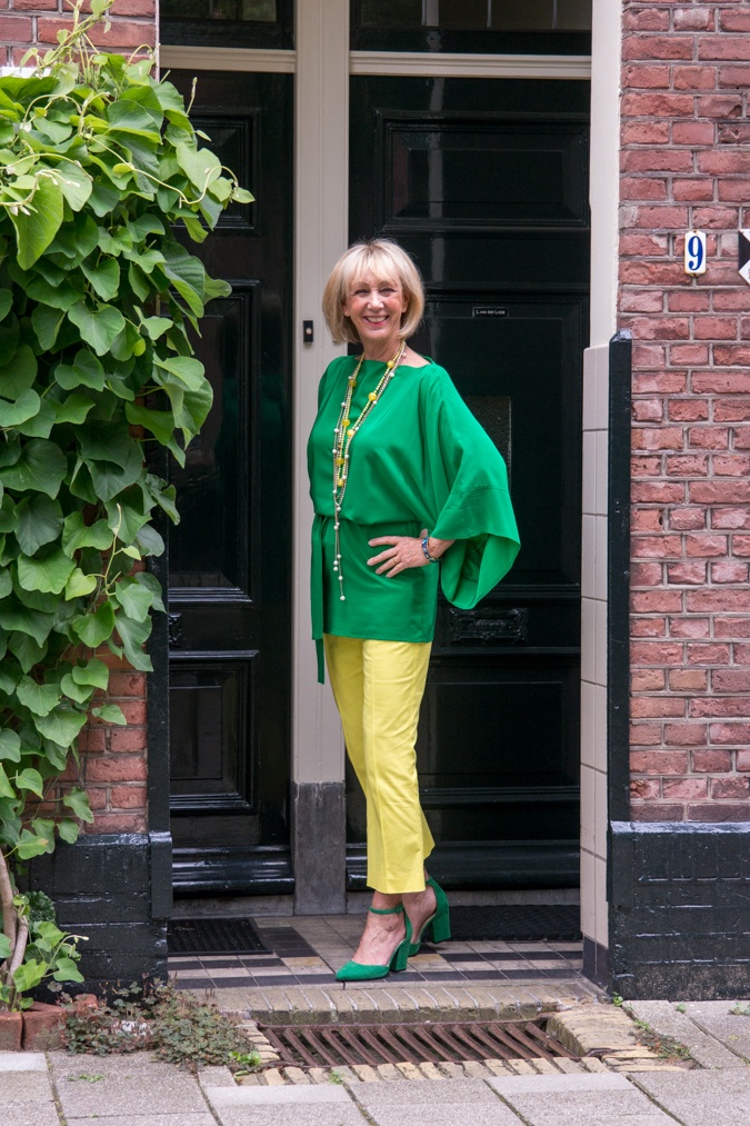 Lemon yellow trousers with a green kimono top