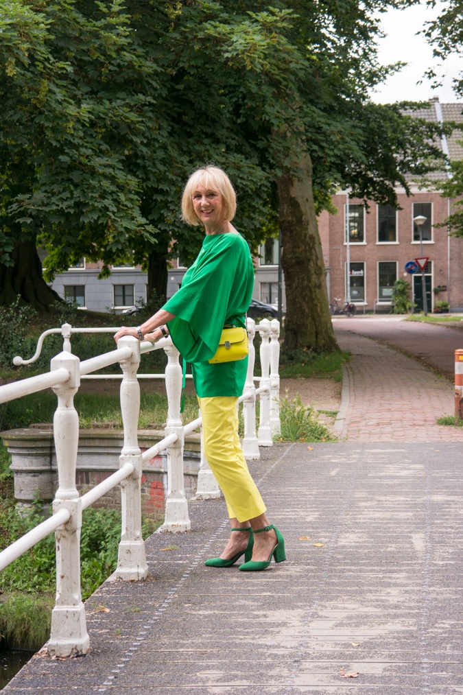Lemon yellow trousers with a green kimono top