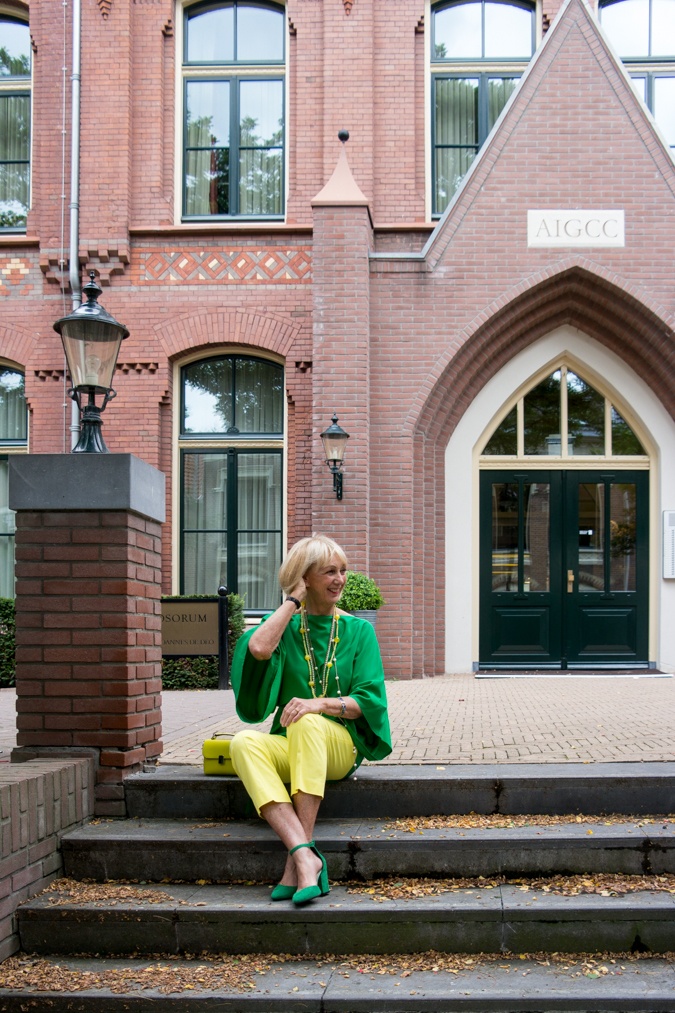 Lemon yellow trousers with a green kimono top