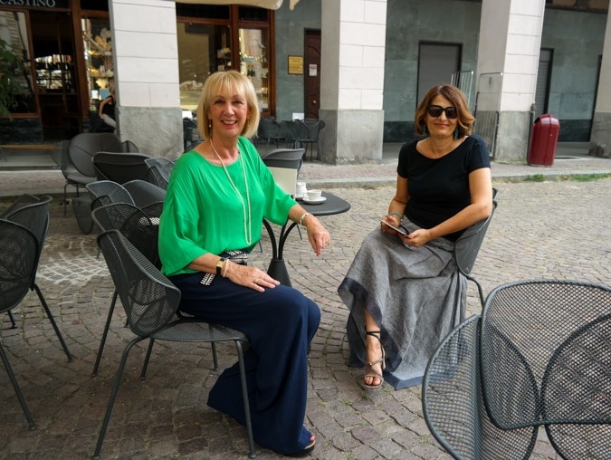 Me in green top and wide blue trousers with Daniela