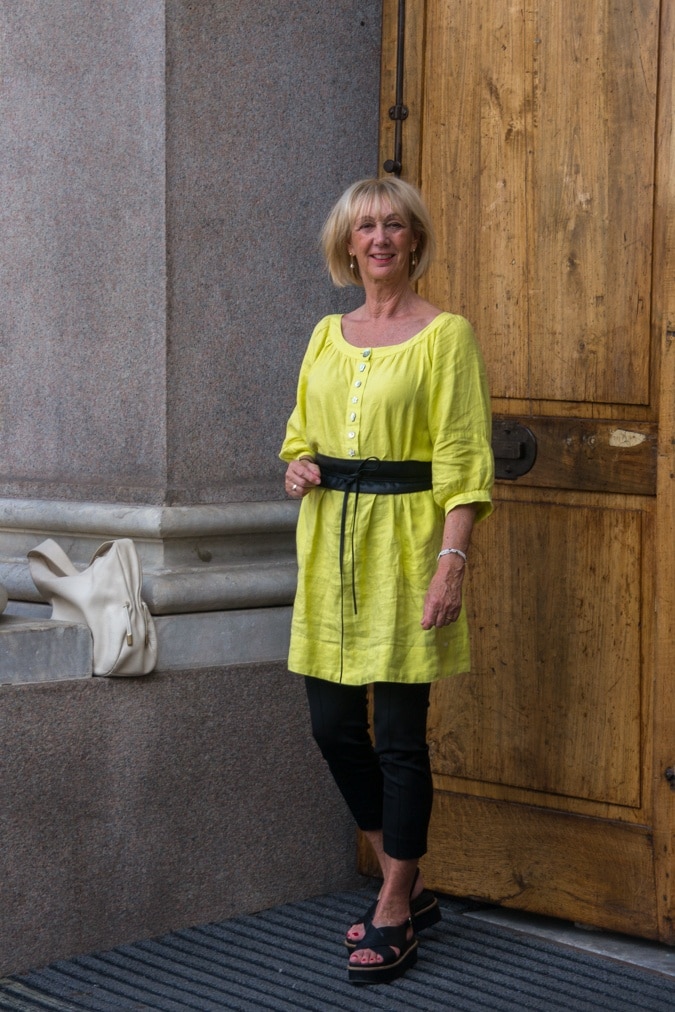 Elegant dress in lime linen worn as tunic