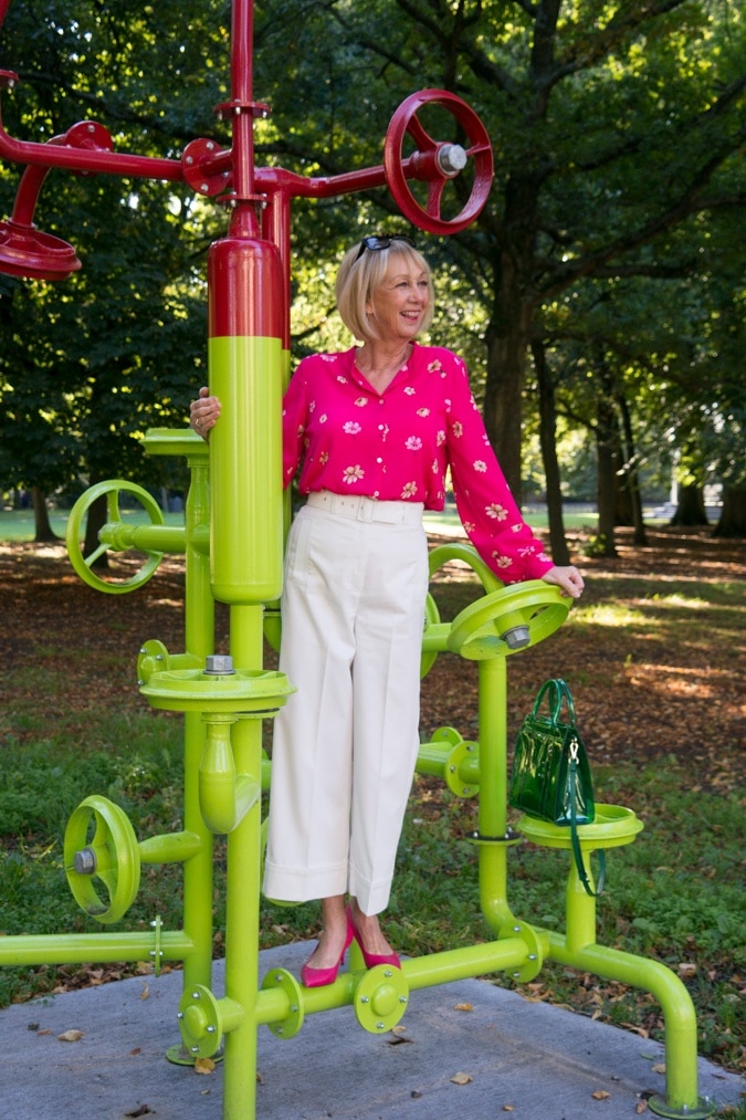 bright pink floral blouse
