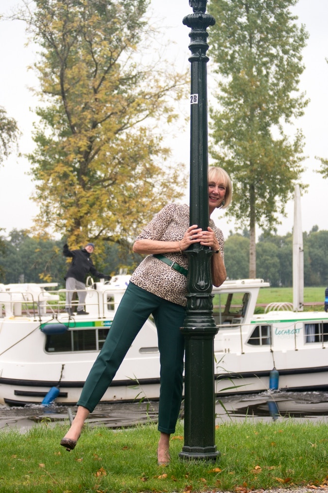 Green trousers with leopard top