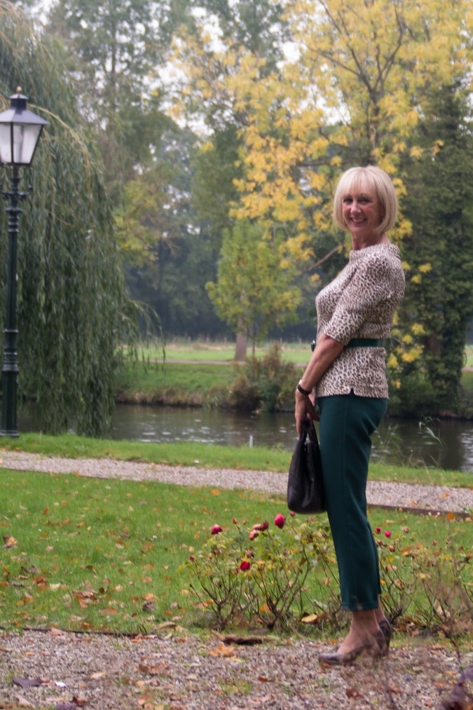 Green trousers with leopard top
