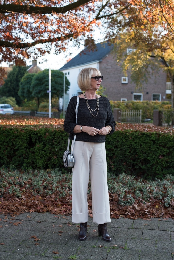 Cream trousers with brown jumper