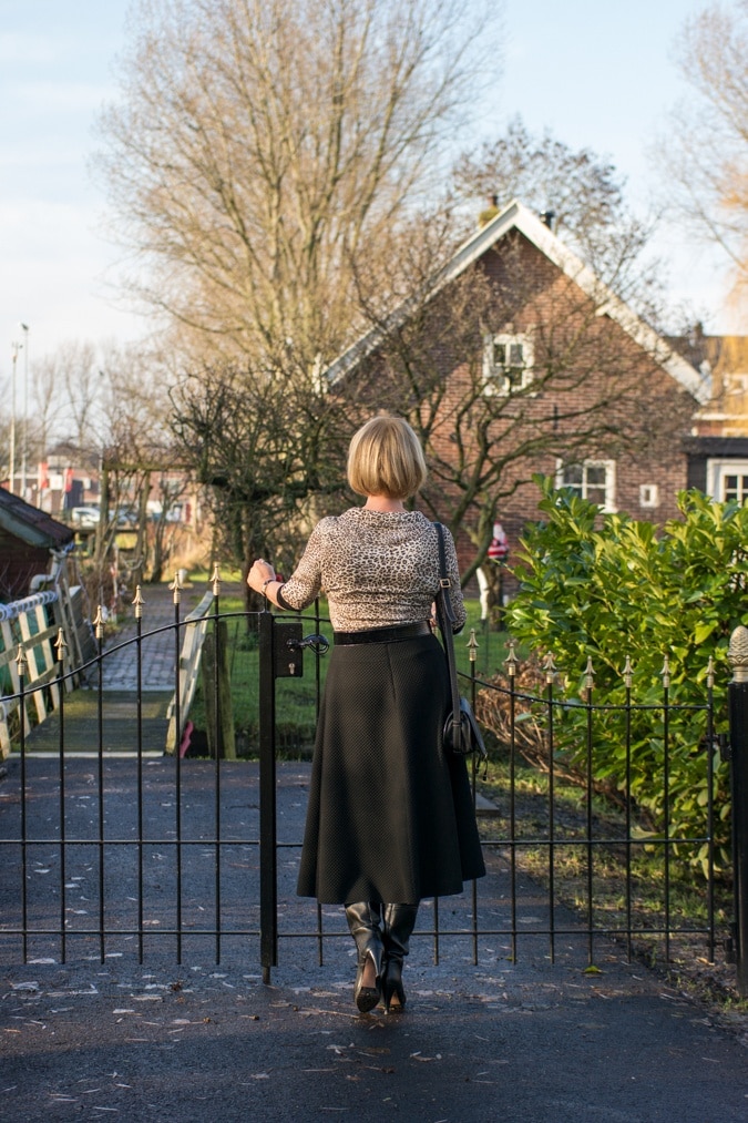 wide black skirt with leopard print top