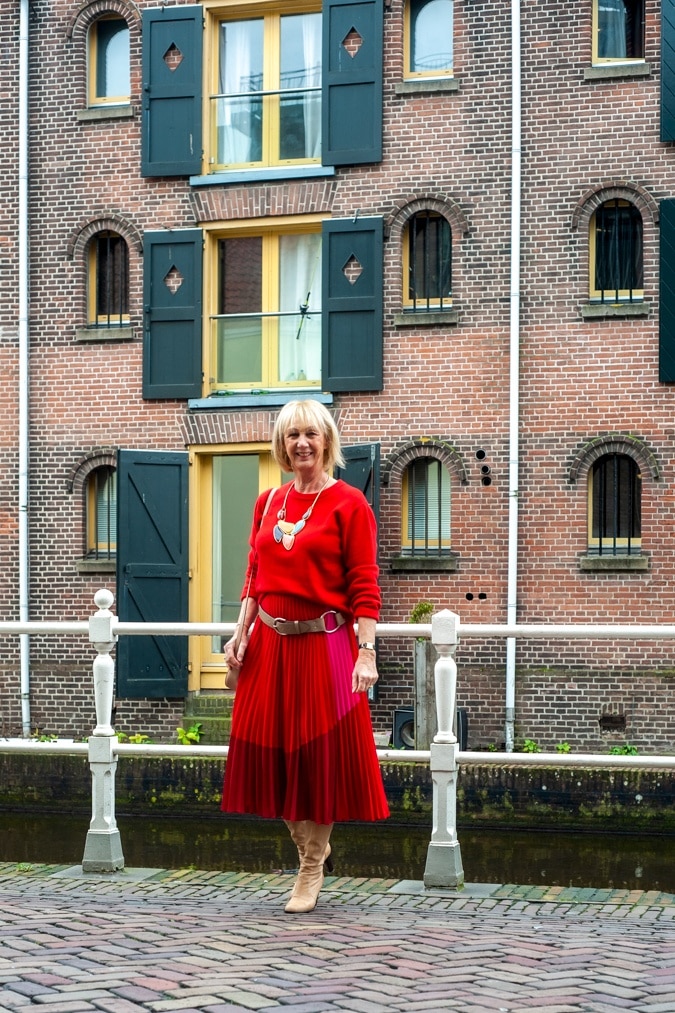 red and pink pleated skirt