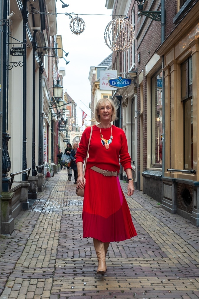 red and pink pleated skirt
