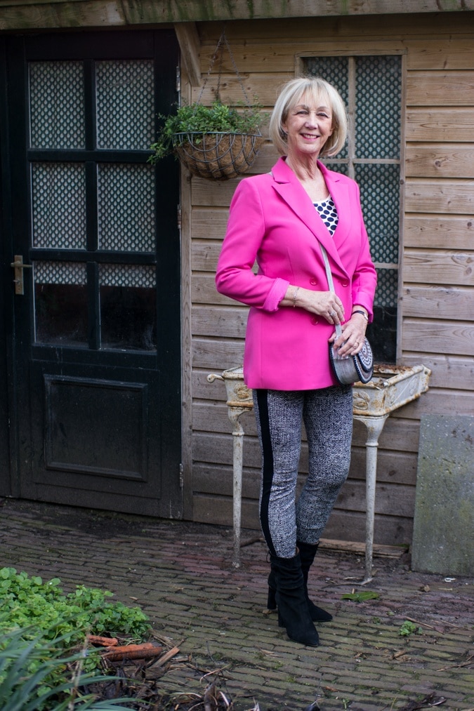 Bright pink jacket with houndstooth legging