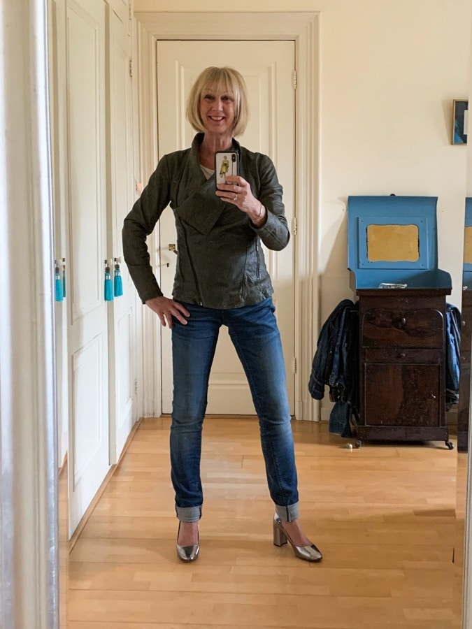 jeans with green leather jacket