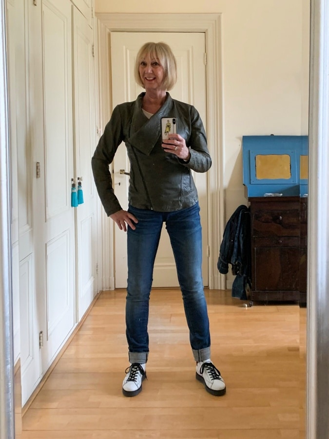jeans with green leather jacket