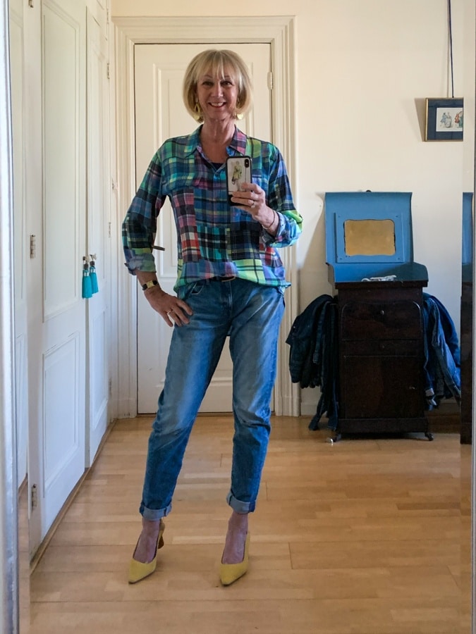 boyfriend jeans and a silk checked shirt