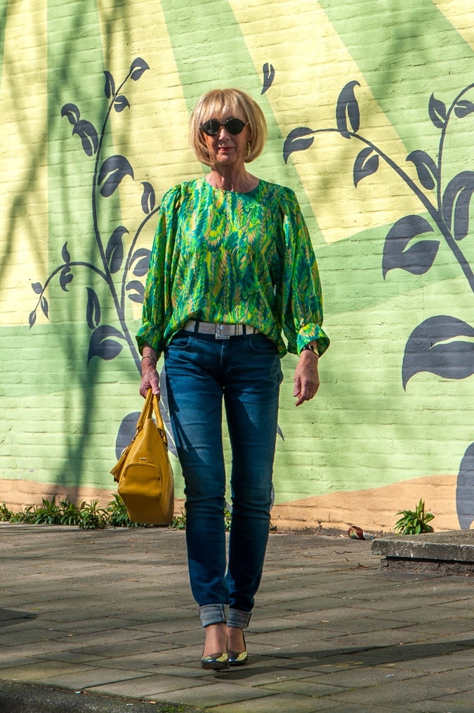 Green and yellow silk blouse