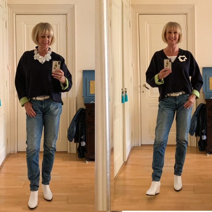 Blue and lime sweater with white