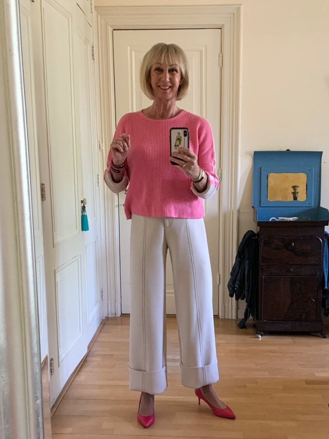 Pink jumper with cream trousers Outfit Monday